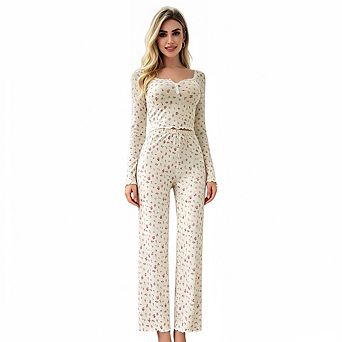Women's Floral Ribbed Knit Loungewear Set Long Sleeve Top & Flare Pants