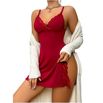 Women's Lace Trim Babydoll Lingerie V-Neck Chemise Nightgown