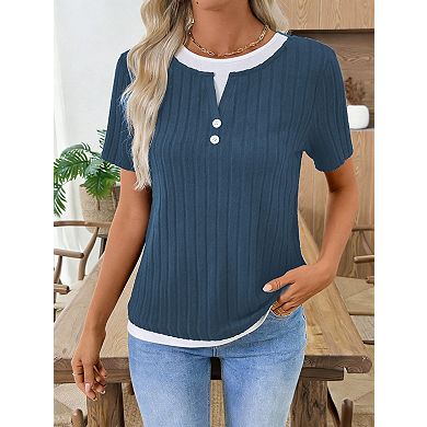 Womens Summer Tops Casual Button Crewneck Color Block Short Sleeve Mock Double Layer T-Shirt