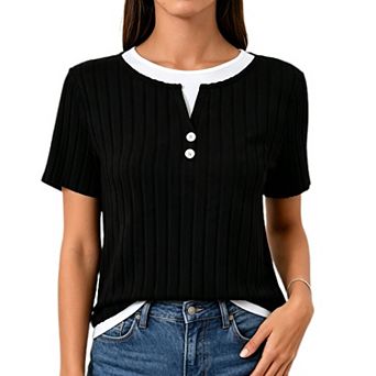 Womens Summer Tops Casual Button Crewneck Color Block Short Sleeve Mock Double Layer T-Shirt