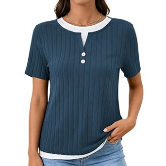 Womens Summer Tops Casual Button Crewneck Color Block Short Sleeve Mock Double Layer T-Shirt