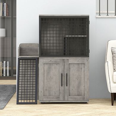 Modern Double-Layer Hidden Cat Litter Box Enclosure - Stylish Indoor Cat House with Platform &Ladder