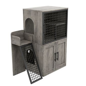 Modern Double-Layer Hidden Cat Litter Box Enclosure - Stylish Indoor Cat House with Platform &Ladder