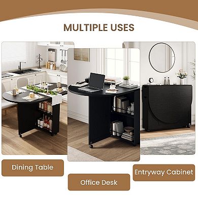 Folding Dining Table with Wine Rack Cup Holder Lockable Casters Mobile Space Saving Bar Cart