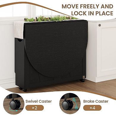 Folding Dining Table with Wine Rack Cup Holder Lockable Casters Mobile Space Saving Bar Cart