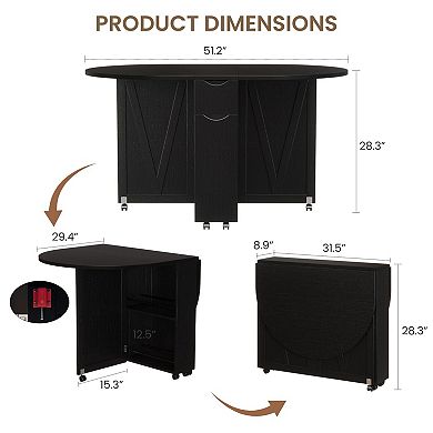 Folding Dining Table with Wine Rack Cup Holder Lockable Casters Mobile Space Saving Bar Cart