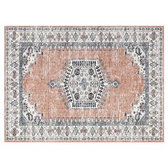 Vintage Distressed Machine Washable Rrea Rug Non-Slip Stain-Resistant Floral Carpet for Living Room