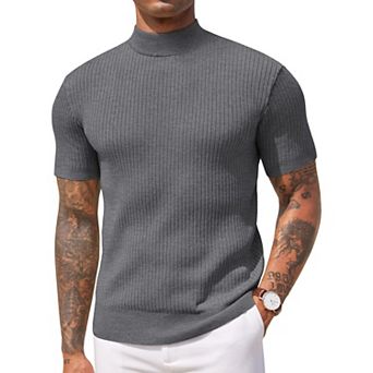 COOFANDY Men' Mock Turtleneck Sweater Short Sleeve Casual Basic Tops Ribbed Knit Pullover Solid Tee