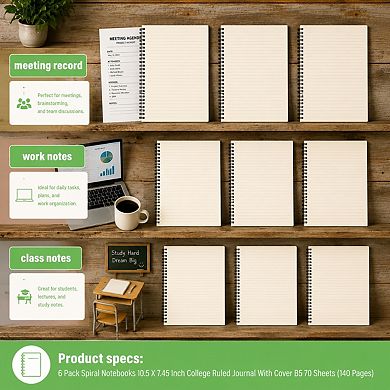 6 Pack Spiral Notebooks College Ruled 140 Pages Thick Paper For Study Office