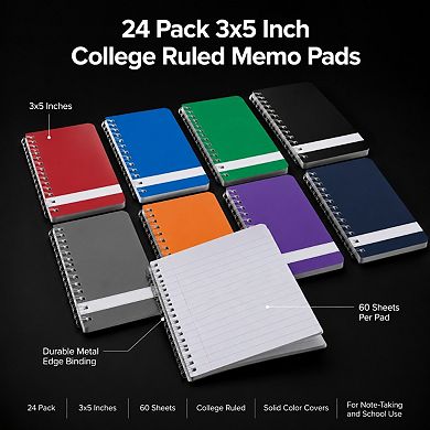24 Pack College Ruled Memo Pads 3x5 Inches 60 Sheets Solid Colors For School Office Home