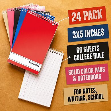 24 Pack College Ruled Memo Pads 3x5 Inches 60 Sheets Solid Colors For School Office Home