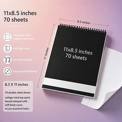 6 Pack Top Spiral Bound College Ruled Notebooks Stiff Cover Double Sided