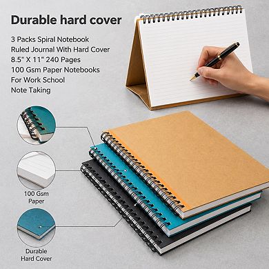 3 Packs Spiral Hardcover Lined Notebooks 85x11 240 Pages 100Gsm Paper For Work School