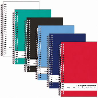 3 Subject Spiral Notebooks 6 Pack 150 Sheet College Ruled Pocket Dividers