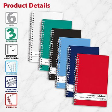 3 Subject Spiral Notebooks 6 Pack 150 Sheet College Ruled Pocket Dividers