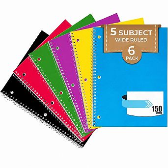 5 Subject Spiral Notebooks 6 Pack Wide Ruled 300 Pages Dividers Ink Bleed Resistant