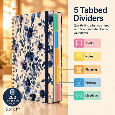Hardcover 5 Subject Spiral Notebook College Ruled With Removable Dividers Tabs
