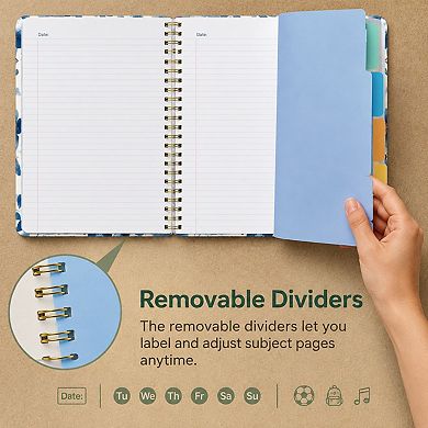 Hardcover 5 Subject Spiral Notebook College Ruled With Removable Dividers Tabs