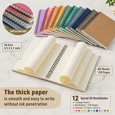 A5 Spiral Notebooks 12 Pack College Ruled 120 Pages Thick Cover For Work School