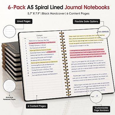 6 Pack Hardcover Lined Spiral Notebooks 140 Pages College Ruled Journal Set
