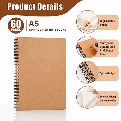 60 Pack A5 Spiral Lined Notebooks Bulk Hardcover Journal Travel School Office Supplies