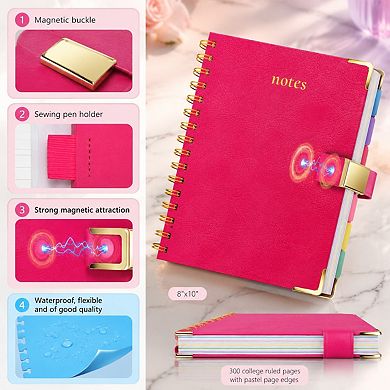 Leather Hardcover Spiral Notebook College Ruled 300 Pages Magnetic Closure Journal