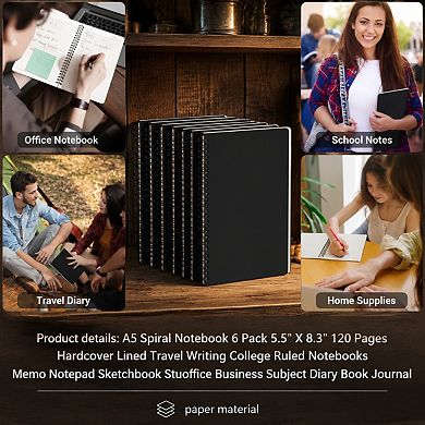 A5 Spiral Notebook 6 Pack Hardcover Lined College Ruled Journal Travel Writing Memo Pad