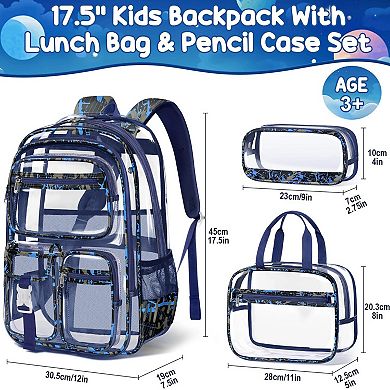 3 Piece Clear PVC Backpack Set With Lunch Box Pencil Case School Stadium Approved