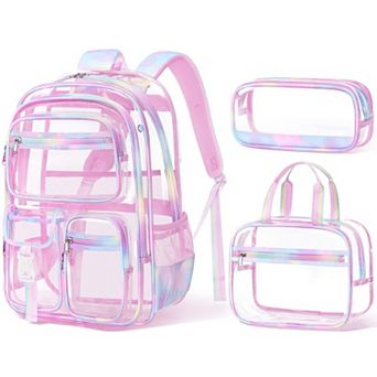 3 pc Clear PVC Backpack Set With Lunch Box Pencil Case School Stadium Approved