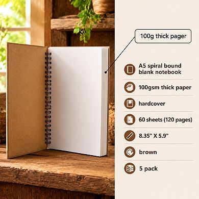 Spiral Blank Notebook Hard Cover Thick No Bleed Paper 5 Pack