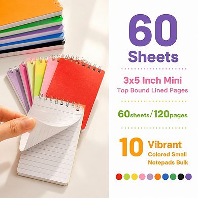 60 Pack 3x5 Inch Lined Pocket Notebooks 10 Vibrant Colors College Ruled Note Pads