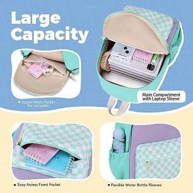 14.6in Canvas School Backpack Checkered Durable Comfortable Storage Gift for Kids 4-8
