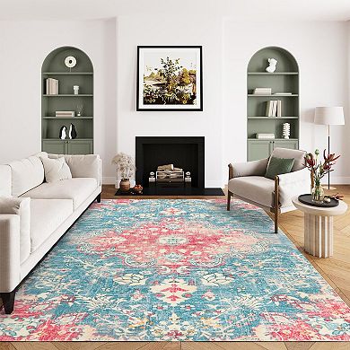 HomeRoots Medallion Distressed Washable Area Rug