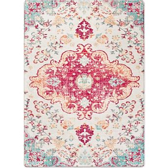HomeRoots Blue Pink And White Medallion Washable Area Rug