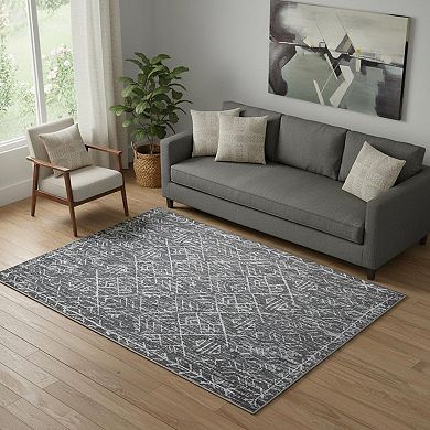 HomeRoots Gray And Off White Abstract Geometric Washable Area Rug