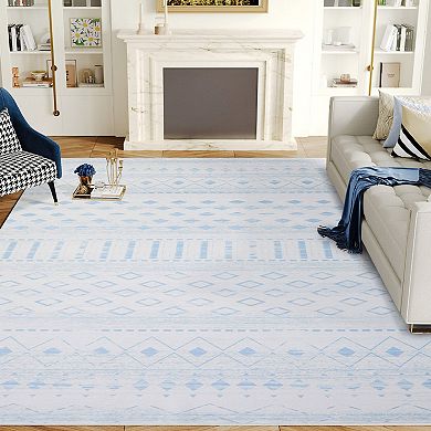 HomeRoots Aqua And Ivory Geometric Distressed Washable Area Rug