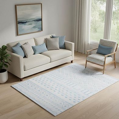 HomeRoots Aqua And Ivory Geometric Distressed Washable Area Rug