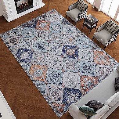 HomeRoots Navy Blue Orange And White Patchwork Distressed Washable Area Rug