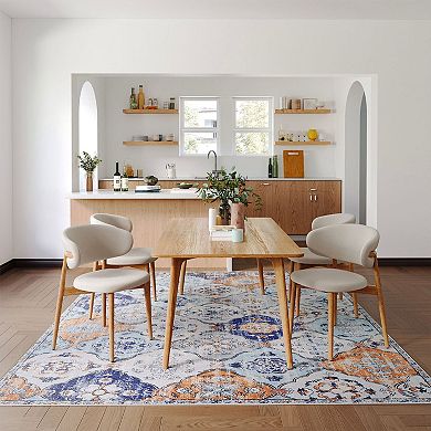 HomeRoots Navy Blue Orange And White Patchwork Distressed Washable Area Rug