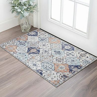 HomeRoots Navy Blue Orange And White Patchwork Distressed Washable Area Rug
