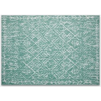 HomeRoots Green And Off White Abstract Geometric Distressed Washable Area Rug