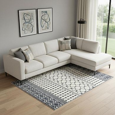 HomeRoots Dark Gray And White Geometric Distressed Washable Area Rug