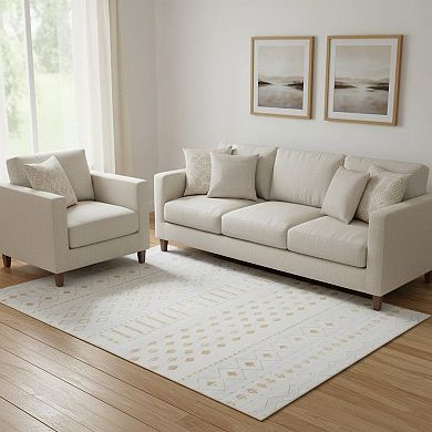 HomeRoots Gold And White Abstract Geometric Washable Area Rug