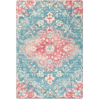 HomeRoots Blue Pink And Ivory Medallion Distressed Area Rug