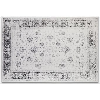 HomeRoots Charcoal And Ivory Floral Distressed Area Rug