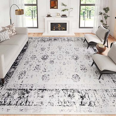 HomeRoots Charcoal And Ivory Floral Distressed Area Rug