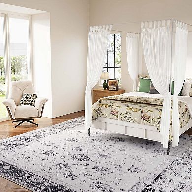 HomeRoots Charcoal And Ivory Floral Distressed Area Rug