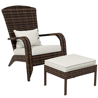Patio Wicker Adirondack Chair with Ottoman&Cushions, Large Seat & Armrests for Deck Garden Backyard