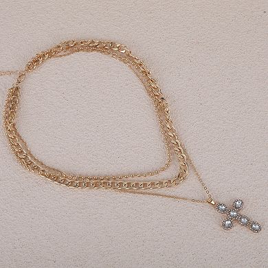 Layered Cross Pendant Necklace Gold Tone 1 Pc