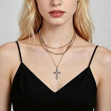 Layered Cross Pendant Necklace Gold Tone 1 Pc